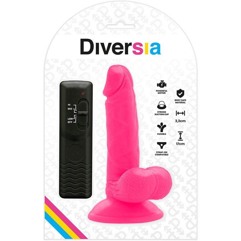 DIVERSIA - DILDO VIBRATÓRIO FLEXÍVEL ROSA 17 CM -O- 3,3 CM