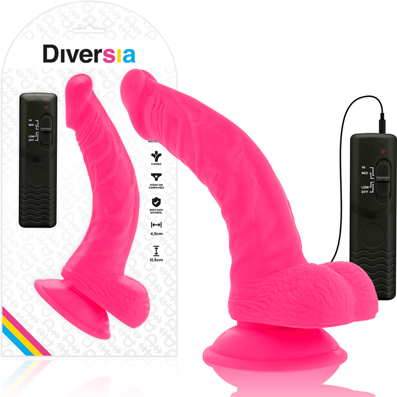 DIVERSIA - DILDO VIBRATÓRIO FLEXÍVEL ROSA 21,5 CM -O- 4,5 CM