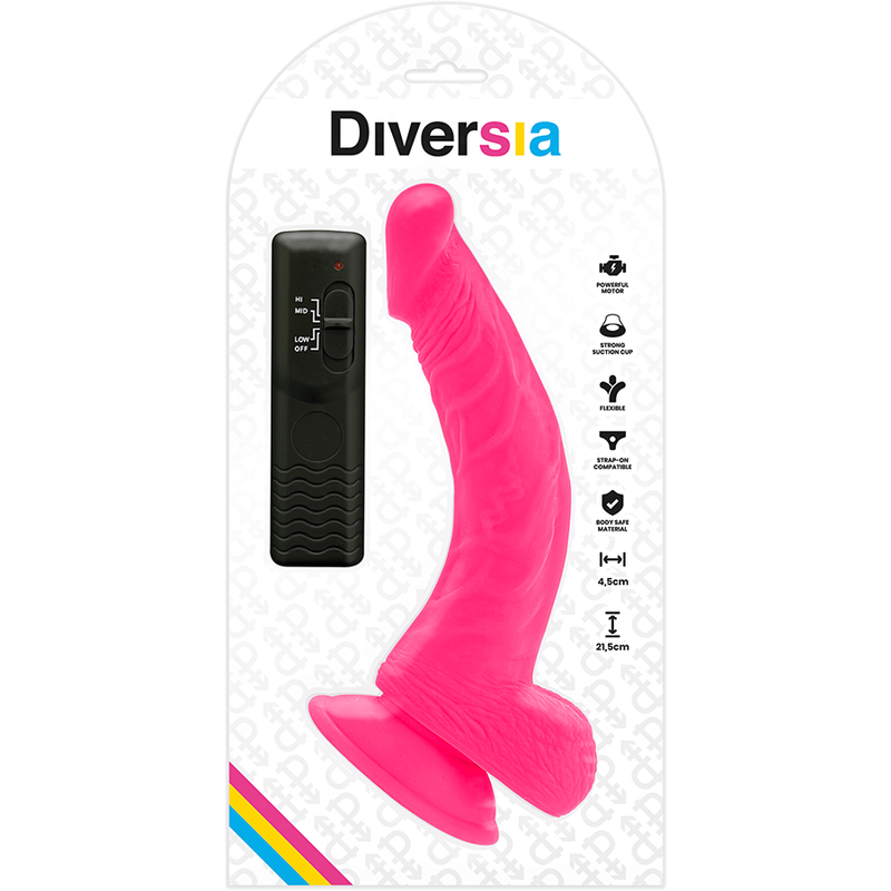 DIVERSIA - DILDO VIBRATÓRIO FLEXÍVEL ROSA 21,5 CM -O- 4,5 CM