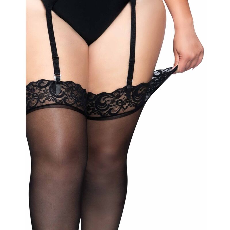 LEG AVENUE - OUTLET - MEIAS DE NYLON PRETAS COM RENDA NA PARTE SUPERIOR PLUS