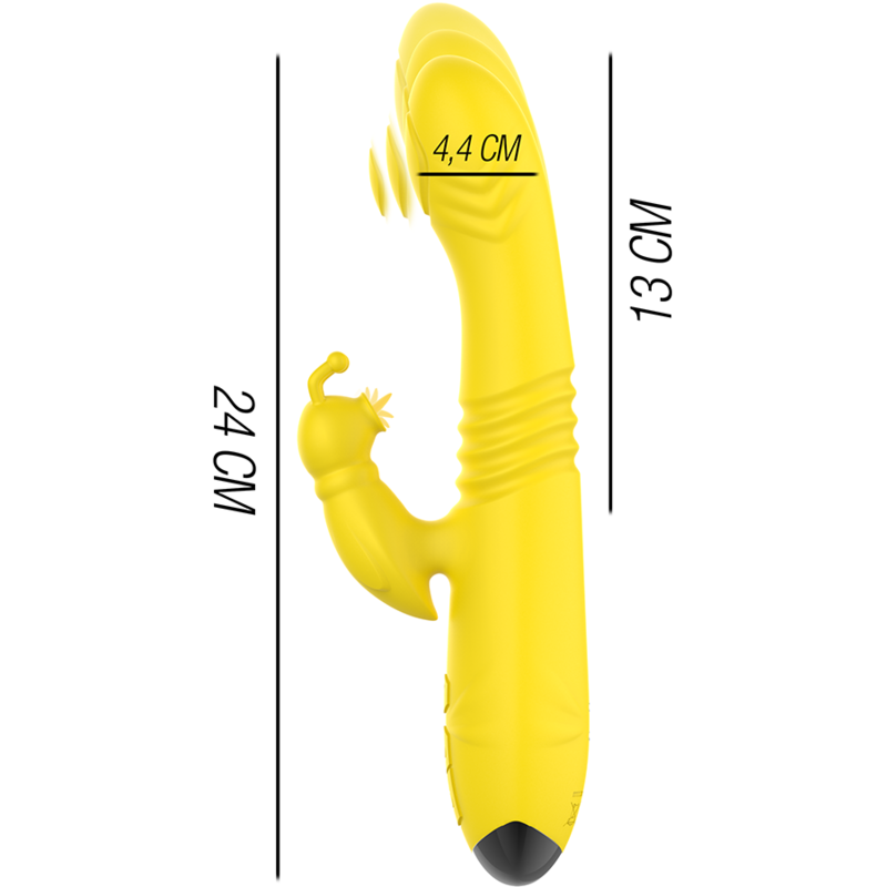 Vibrador multifuncional intenso Toky com movimento para cima e para baixo e estimulador clitoriano, amarelo.