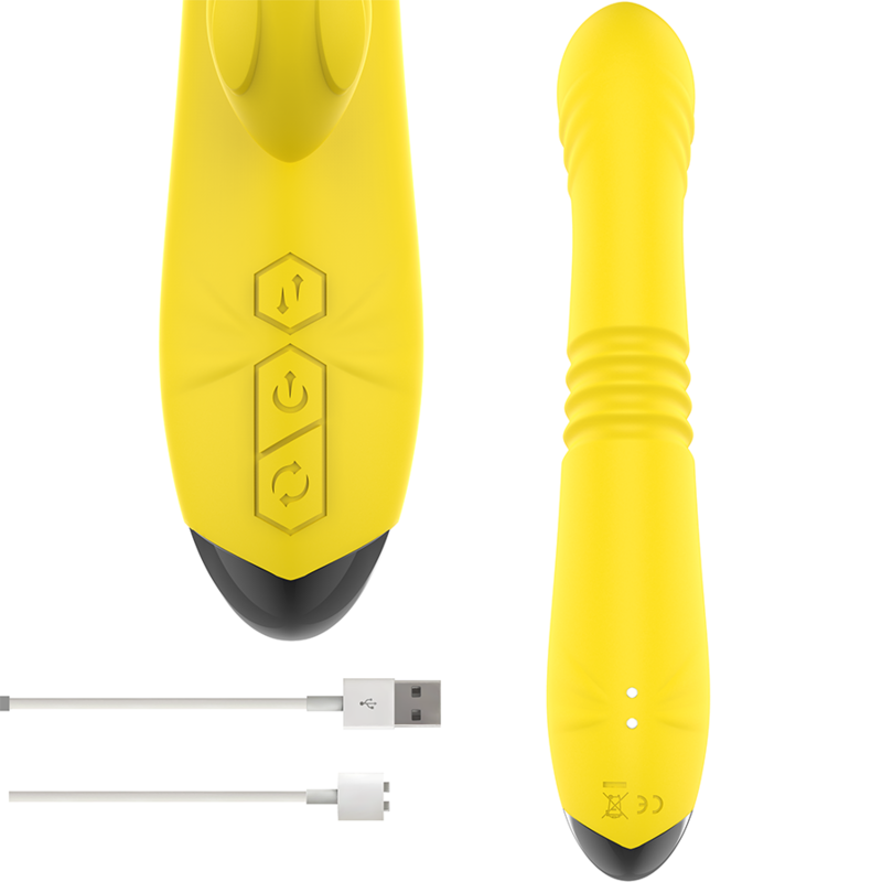 Vibrador multifuncional intenso Toky com movimento para cima e para baixo e estimulador clitoriano, amarelo.