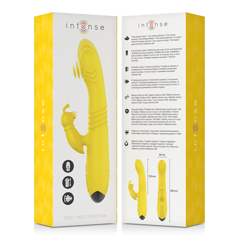 Vibrador multifuncional intenso Toky com movimento para cima e para baixo e estimulador clitoriano, amarelo.