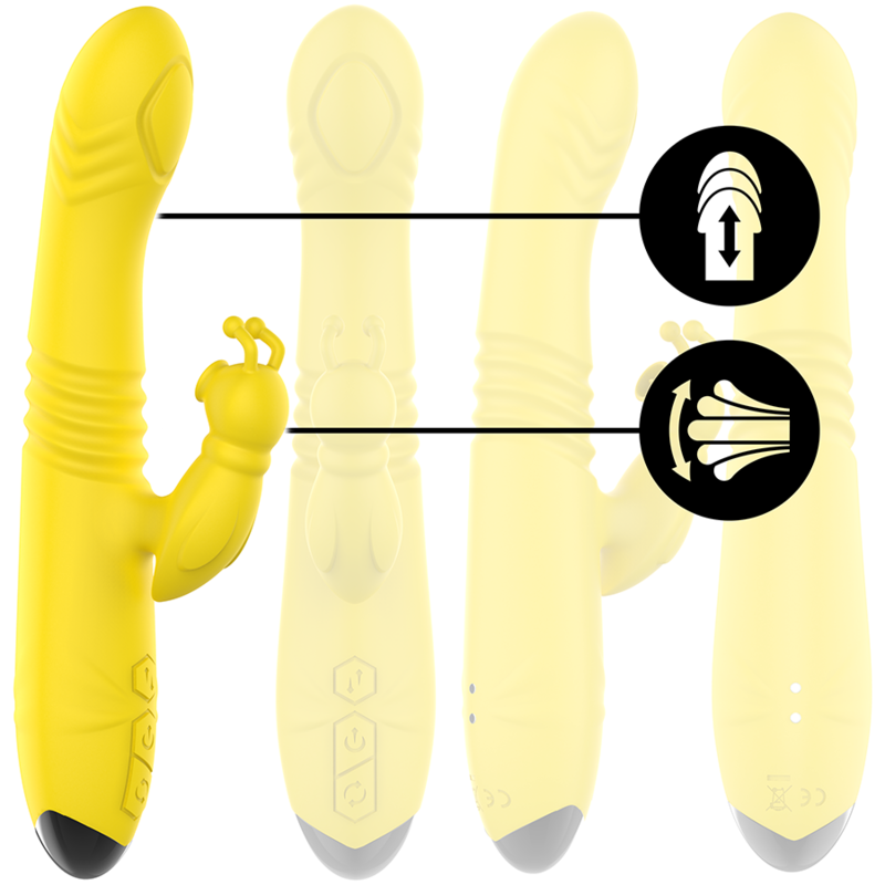 Vibrador multifuncional intenso Toky com movimento para cima e para baixo e estimulador clitoriano, amarelo.