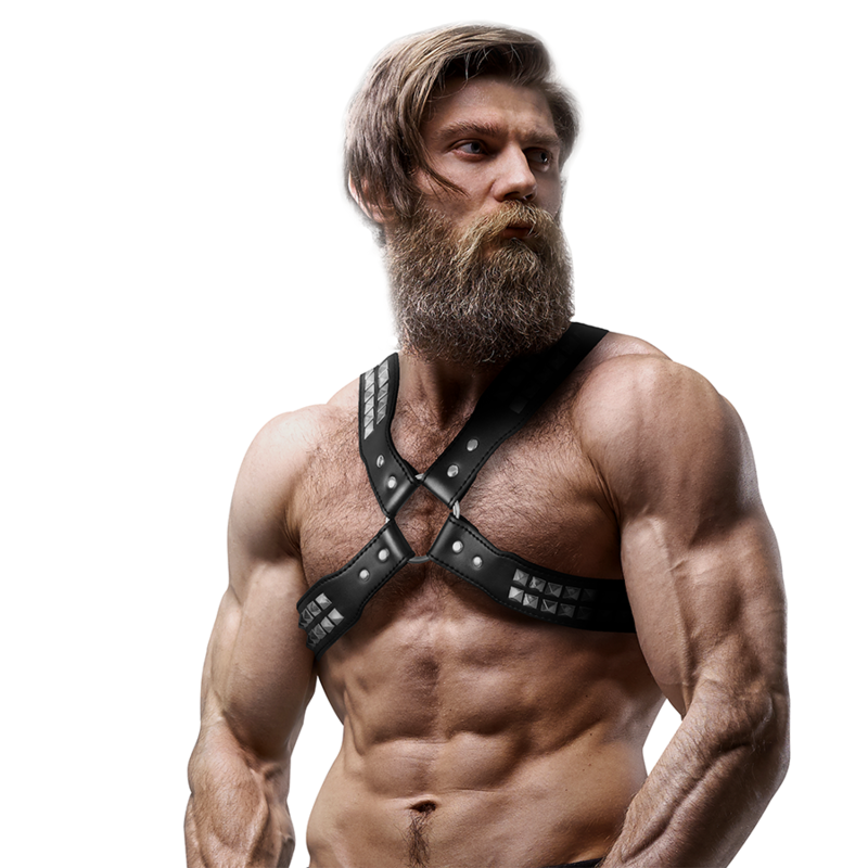 ATITUDE FETICHE SUBMISSIVA - ARNÊS ECOLÓGICOS DE COURO MASCULINO COM REBITES E CRUZAMENTO NO PEITO