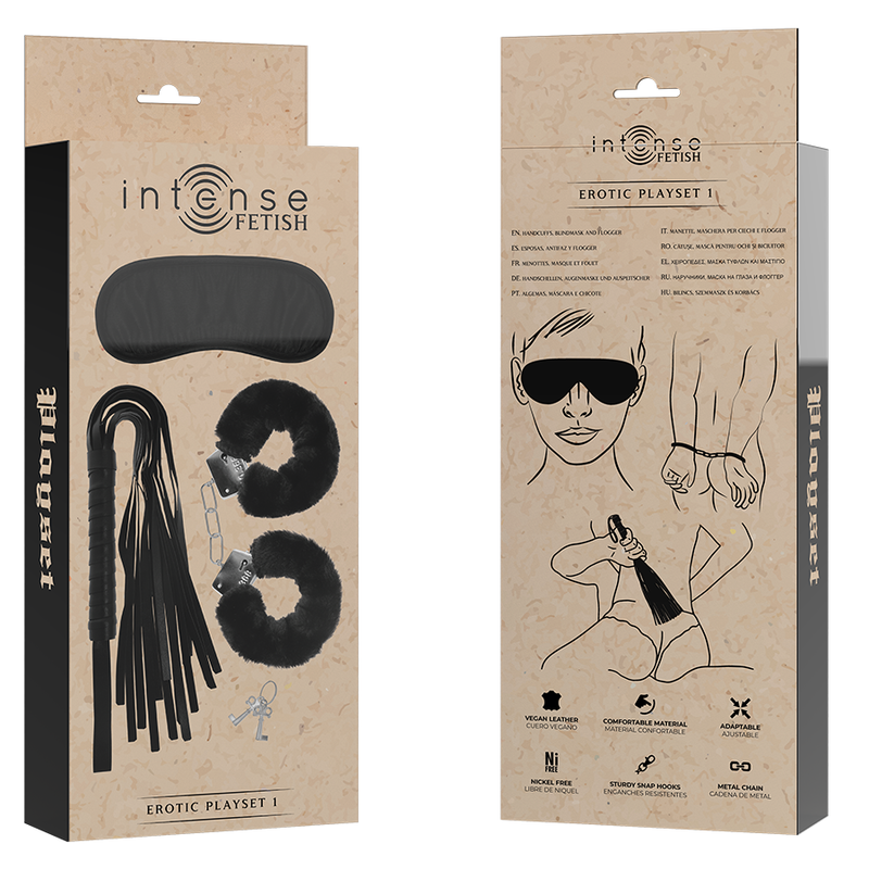 INTENSO - CONJUNTO ERÓTICO FETICHISTA 1 COM ALGEMAS, MÁSCARA PARA OS OLHOS E CHICOTE