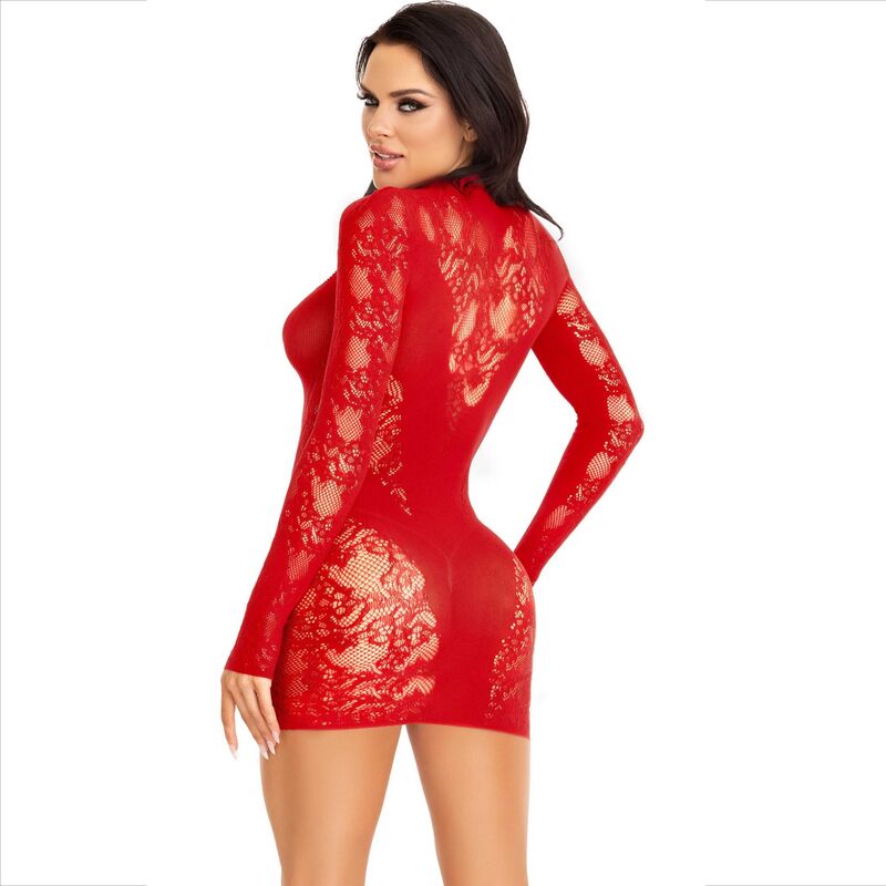 LEG AVENUE - MINI VESTIDO COM RENDA E MANGAS COMPRIDAS VERMELHO