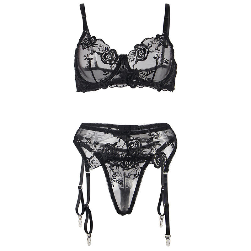 SUBBLIME - SET OF 3 PIECES BRA + THONG + GARTER FLORAL PRINT BLACK L/XL