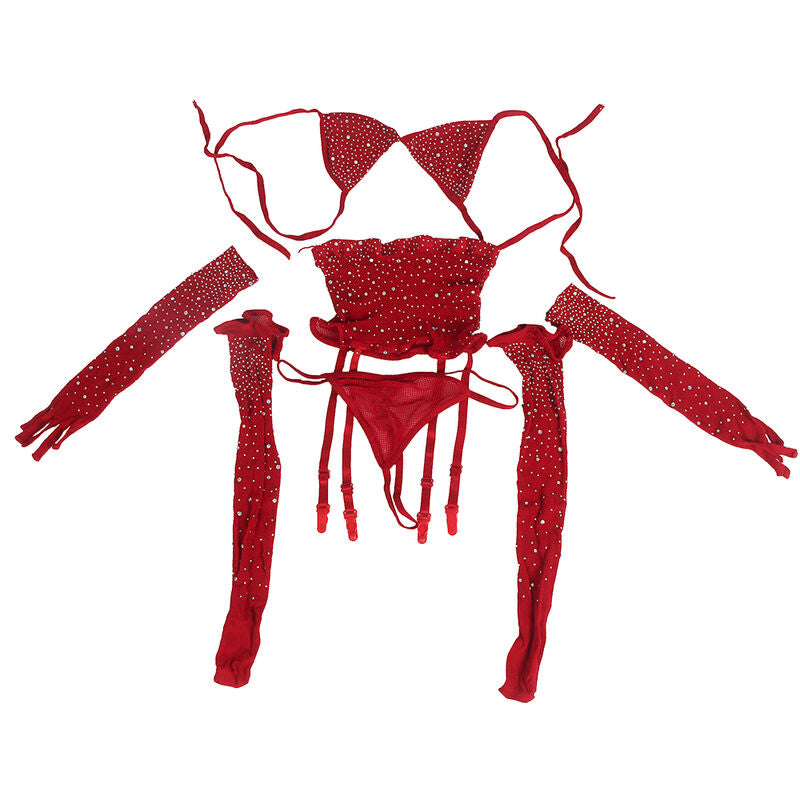 SUBBLIME - 952181 BODYSTOCKING DE RED CON GUANTES Y DIAMANTES ROJO TALLA ÚNICA