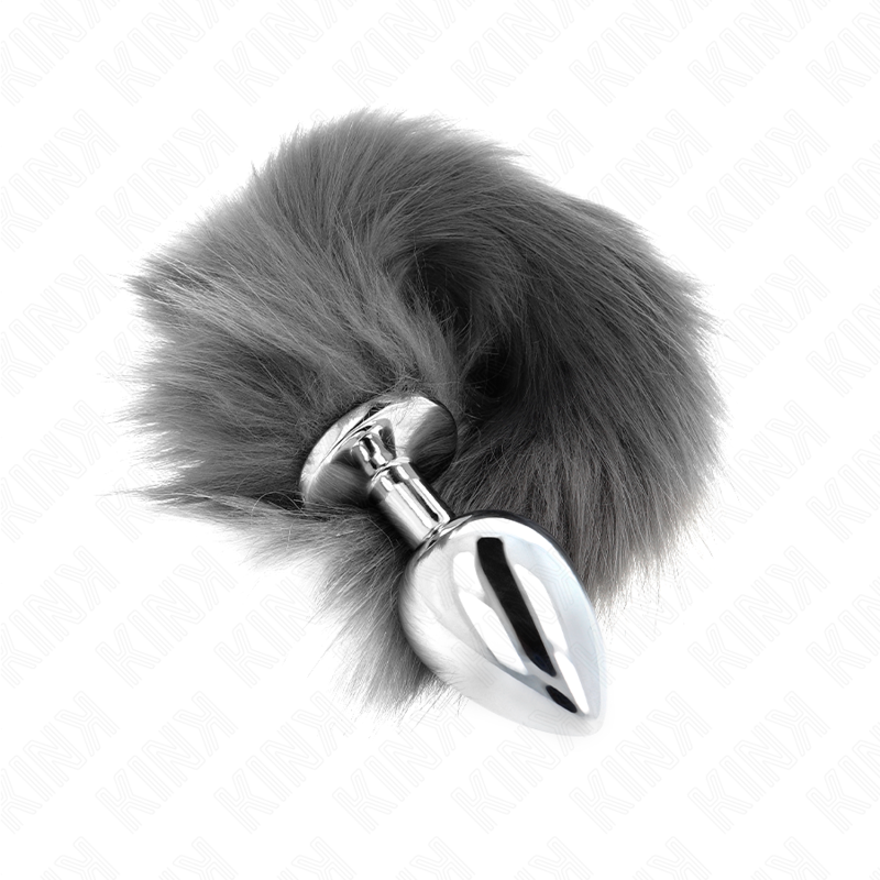KINK - PLUG ANAL TAMANHO L 10 X 4 CM COM CAUDA SINTÉTICA DE 40 CM CINZA E BRANCO