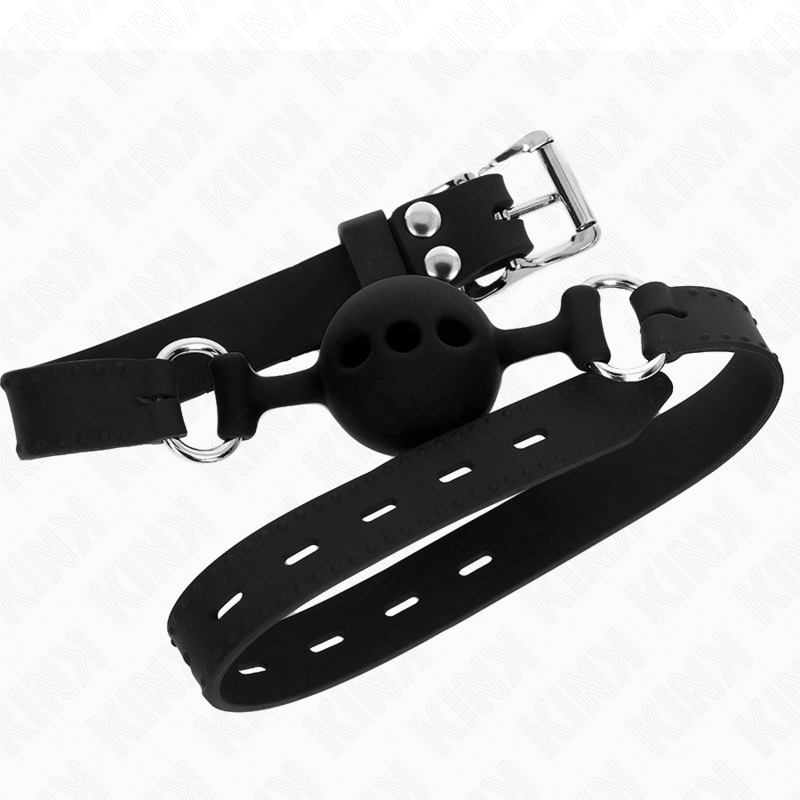 KINK - Mordaça completa em silicone, 55 x 2 cm, com bola de 4 cm, tamanho S, preta, ajustável de 35 a 51 cm