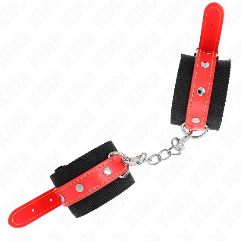 KINK - ALGUMA DE PULSO EM NYLON PRETO COM DETALHES EM COURO SINTÉTICO VERMELHO, AJUSTÁVEL DE 19 A 24 CM X 5,5 CM