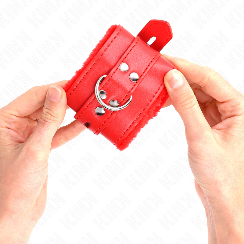 KINK - ALGEMA DE PULSO FORRADA COM PELE COM FUROS QUADRADOS VERMELHA E CINTO VERMELHO AJUSTÁVEL DE 17 A 29 CM X 6 CM