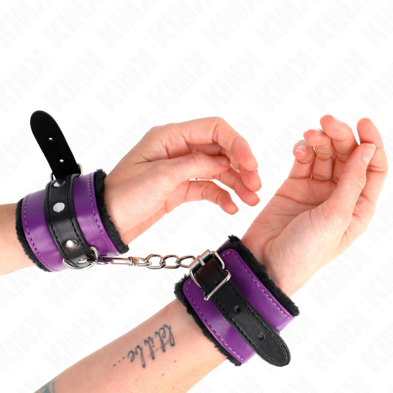 KINK - ALGEMA DE PULSO PREMIUM FORRADA COM PELE, PRETA COM CINTO ROXO/PRETO, AJUSTÁVEL DE 17 A 29 CM X 6 CM
