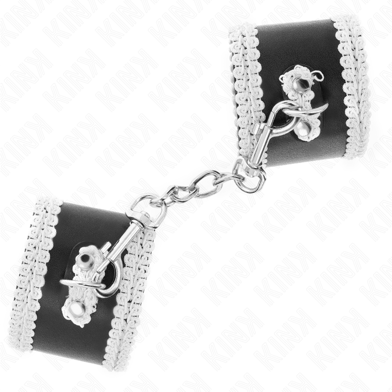 KINK - ALGEMAS DE PULSEIRA PRETAS COM RENDA DECORATIVA BRANCA AJUSTÁVEIS 20-23 CM X 5,5 CM