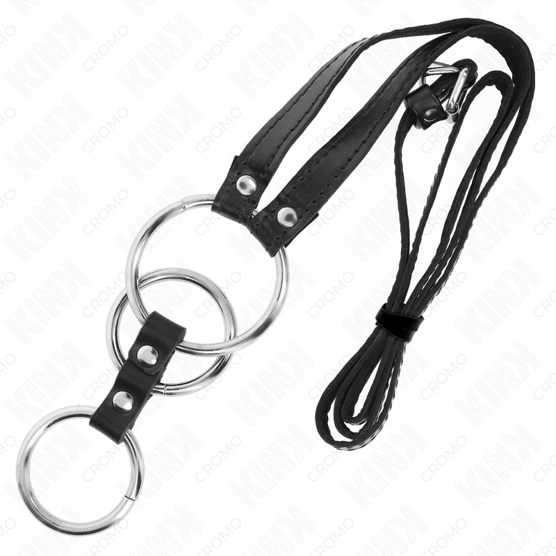 KINK - Anel Peniano Triplo em Metal de 3,8 cm a 5 cm com Cinto em Pele de 112 cm