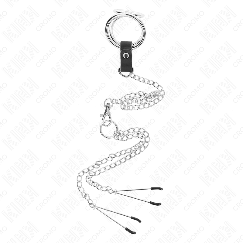 KINK - ANILLO PARA EL PENE DE METAL CROMADO TRIPLE DE 3 CM A 4,5 CM CON CADENA DE METAL DE 26 CM Y PINZAS PARA PEZONES