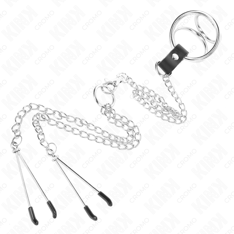 KINK - Anel peniano de metal cromado triplo de 3 cm a 4,5 cm com corrente de metal de 26 cm e fixadores de mamilo.
