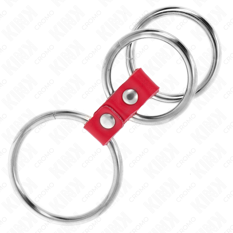 KINK - ANEL PENIANO TRIPLO EM METAL DE 3,7 CM A 5 CM LIGADO COM COURO VERMELHO