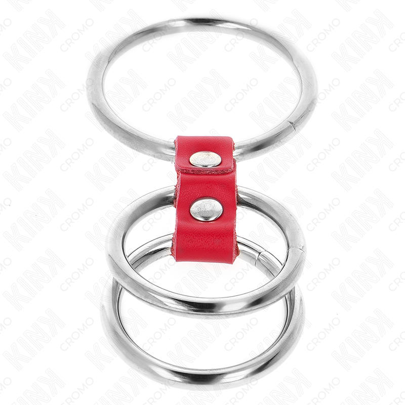 KINK - ANEL PENIANO TRIPLO EM METAL DE 3,7 CM A 5 CM LIGADO COM COURO VERMELHO