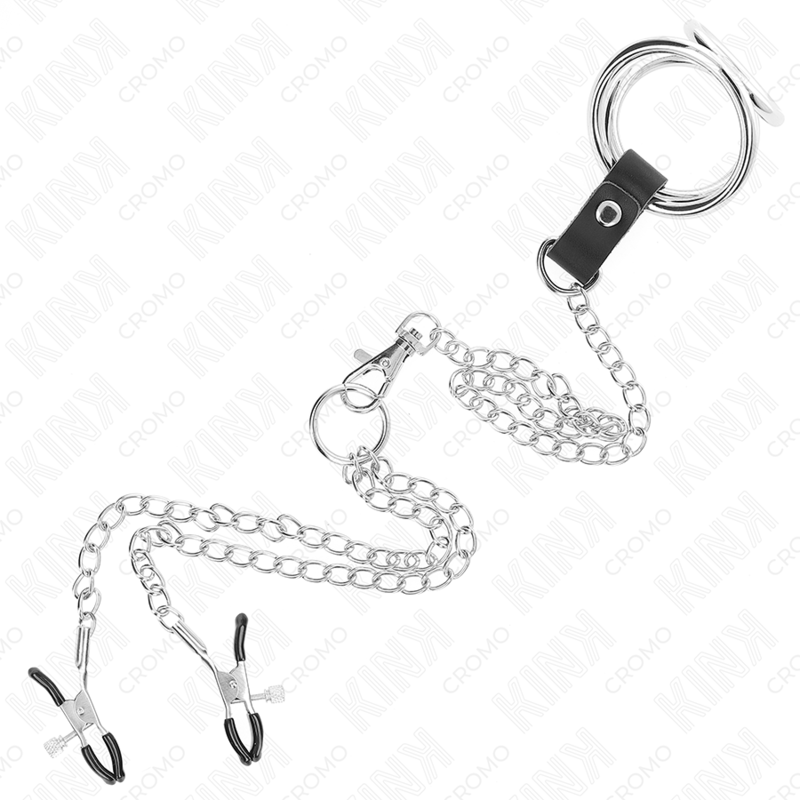 KINK - Anel peniano de metal cromado triplo de 3,8 cm a 5 cm com corrente de metal de 26 cm e fixadores de mamilo - Modelo 1