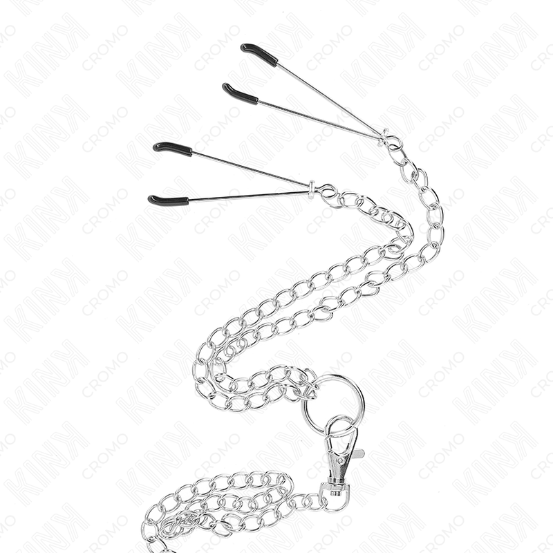 KINK - Anel peniano de metal cromado triplo de 3,8 cm a 5 cm com corrente de metal de 26 cm e fixadores de mamilo, modelo 2