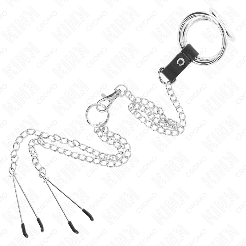 KINK - Anel peniano de metal cromado triplo de 3,8 cm a 5 cm com corrente de metal de 26 cm e fixadores de mamilo, modelo 2