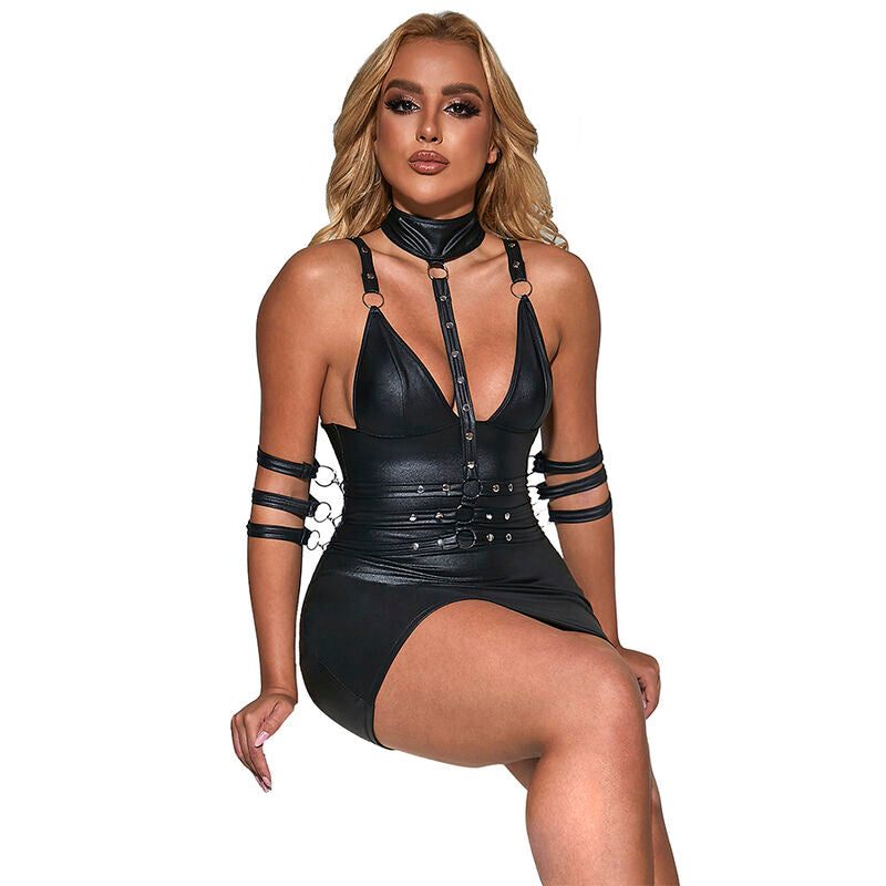 SUBBLIME - 954406 VESTIDO EM COURO COM ESTILO BONDAGE PRETO TAMANHO S/M
