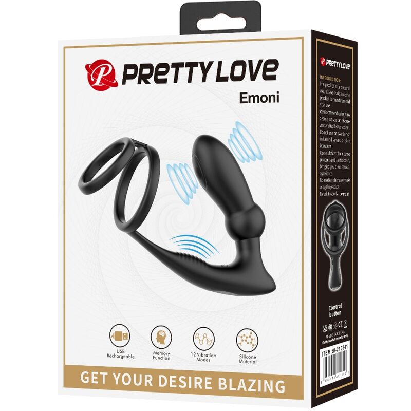 PRETTY LOVE - ANEL PENIANO EMONI + PLUG ANAL 12 VIBRAÇÕES PRETO
