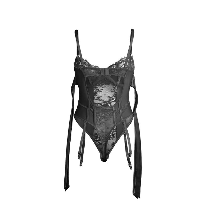 SUBBLIME - 955496 Body em renda com laços e ligas, preto, tamanho S/M