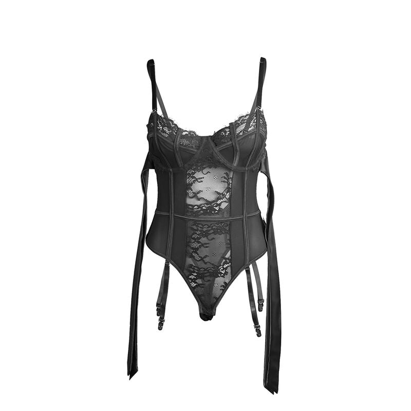 SUBBLIME - 955496 Body em renda com laços e ligas, preto, tamanho S/M