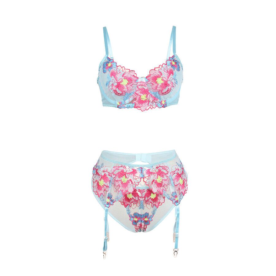 SUBBLIME - 957650 FLOWER EMBROIDERED BRA AND GARTER BELT SET PINK L/XL