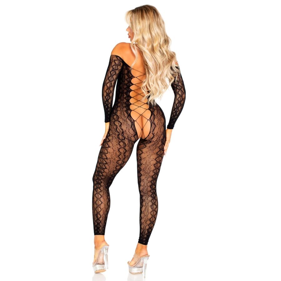 LEG AVENUE - BODYSTOCKING SIN ENTREPIERNA EN EXÓTICO ENCAJE DE SERPIENTE NEGRO