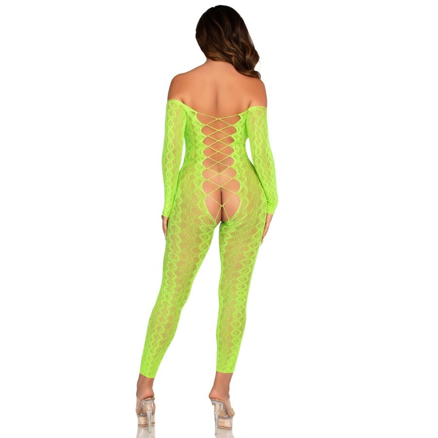 LEG AVENUE - MEIA-CALÇA SEM VIRILHA COM RENDA DE COBRA EXÓTICA VERDE NEON