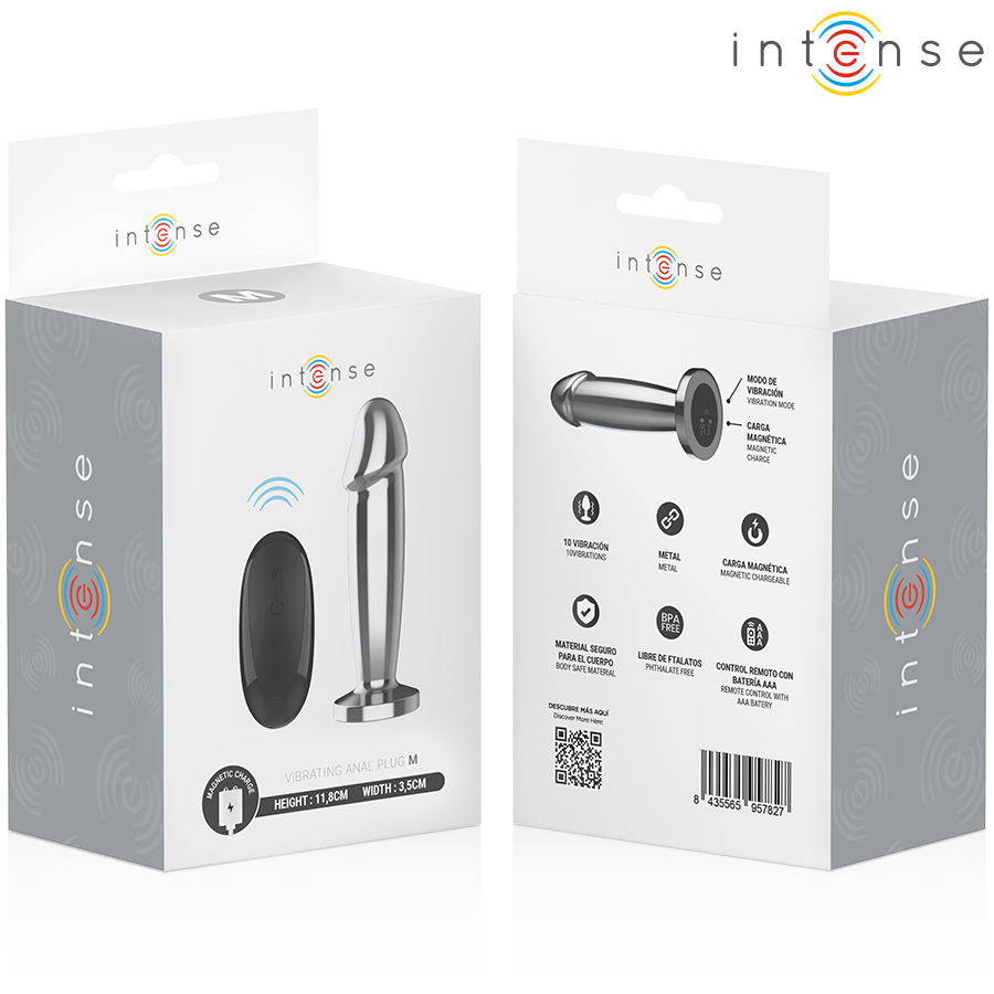 INTENSE - PLUG ANAL COM 10 VIBRAÇÕES, DILDO DE METAL COM CONTROLO REMOTO M