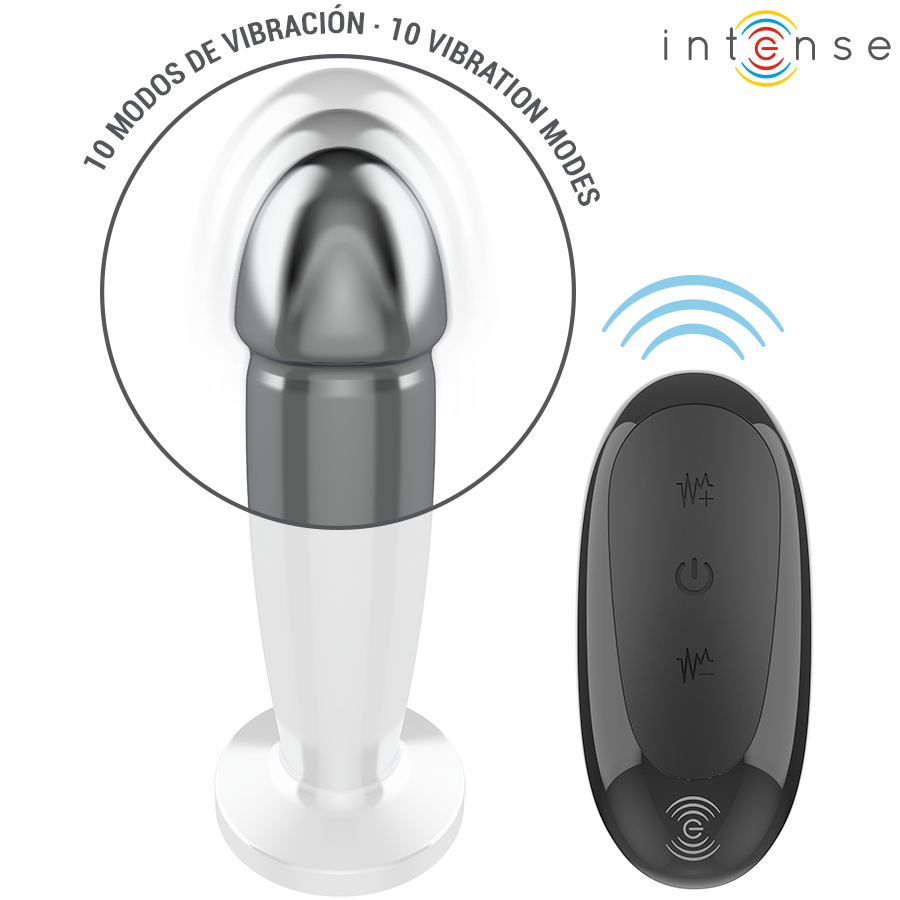 INTENSE - PLUG ANAL COM 10 VIBRAÇÕES, DILDO DE METAL COM CONTROLO REMOTO M