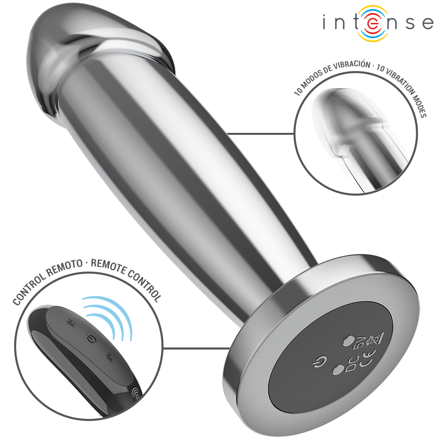 INTENSE - PLUG ANAL COM 10 VIBRAÇÕES, DILDO DE METAL COM CONTROLO REMOTO M