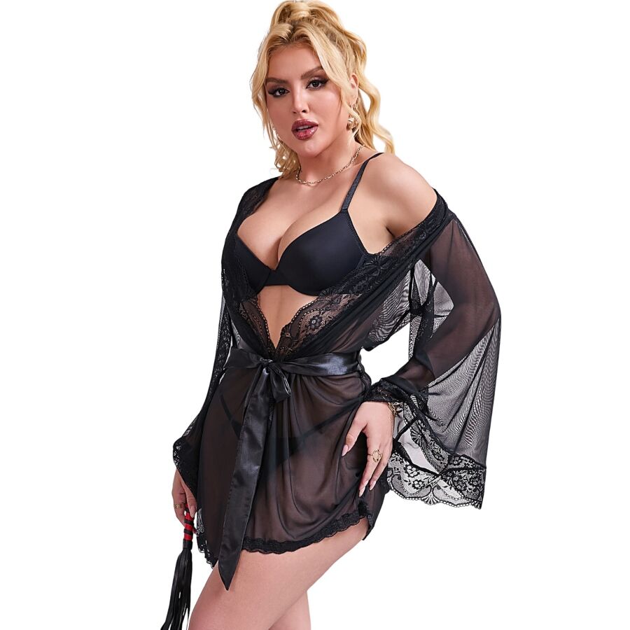 SUBBLIME - TRANSPARENT FABRIC ROBE WITH LACE DETAIL BLACK L/XL