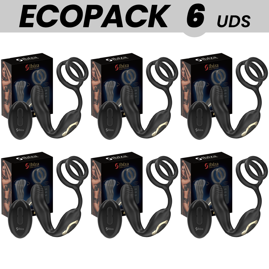 ECOPACKS 6 UNITS - IBIZA WIGGLE REMOTE CONTROLLED ROTATING ANAL PLUG WITH PERINEAL VIBRATION AND PENIS ENHANCING RINGS