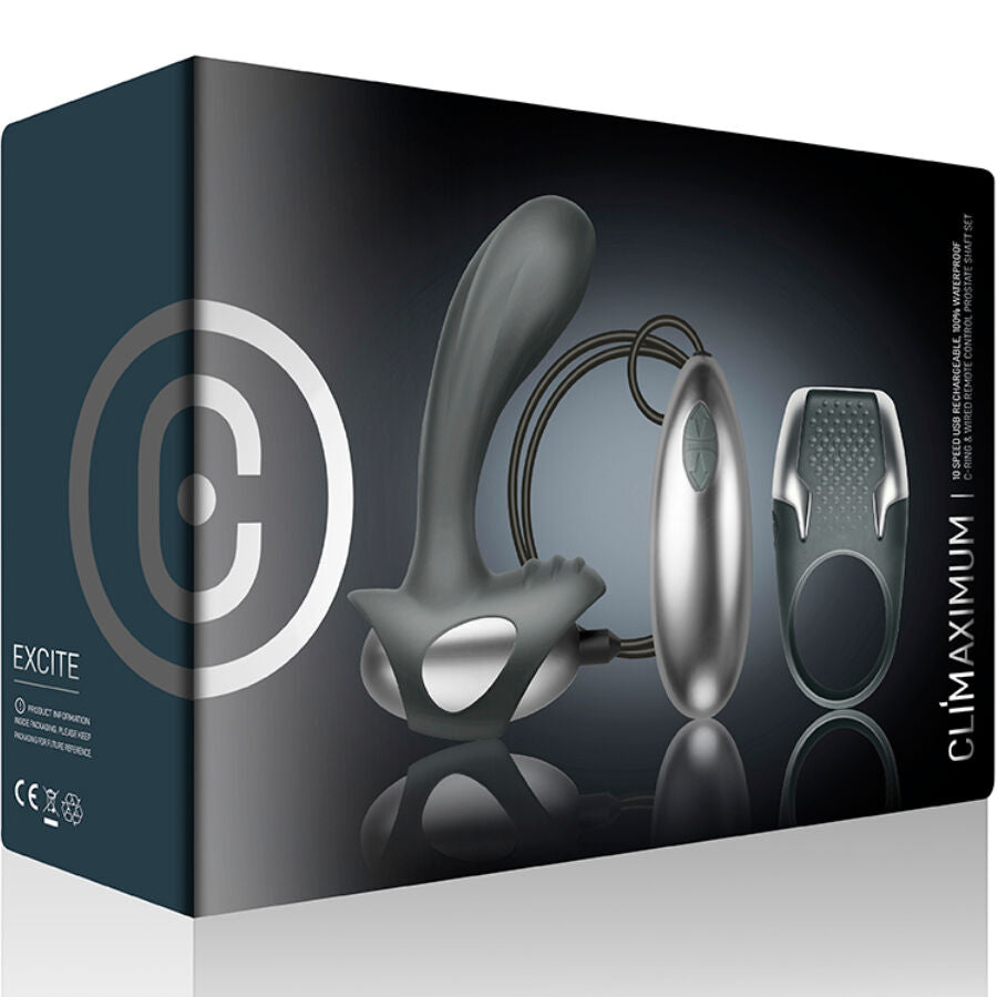 CLIMAXIMUM - KIT EXCITE ANEL PENIANO + MASSAGEADOR DE PRÓSTATA COM FIO