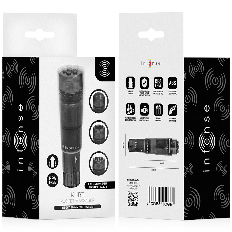 INTENSE - KURT MINI MASSAGER WITH 4 INTERCHANGEABLE HEADS BLACK