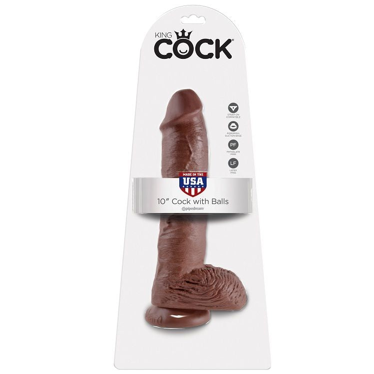 KING COCK - DILDO CASTANHO DE 10 POLEGADAS COM BOLAS 25,4 CM