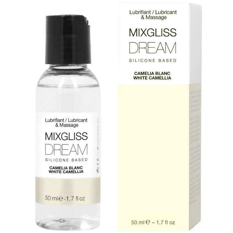 Bottle and packaging of Mixgliss Dream silicone-based lubricant on a white background