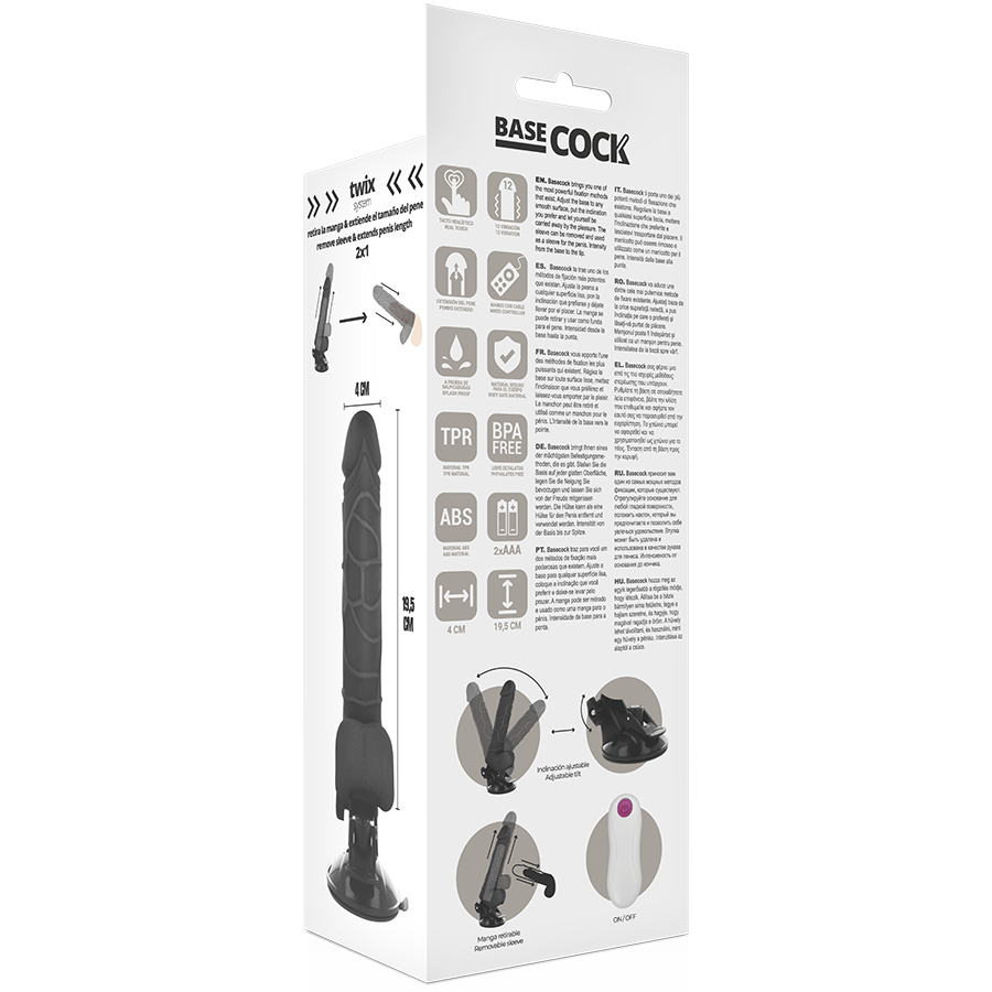 BASECOCK - VIBRADOR REALISTA COM CONTROLO REMOTO PRETO COM TESTÍCULOS 19,5 CM -O- 4 CM