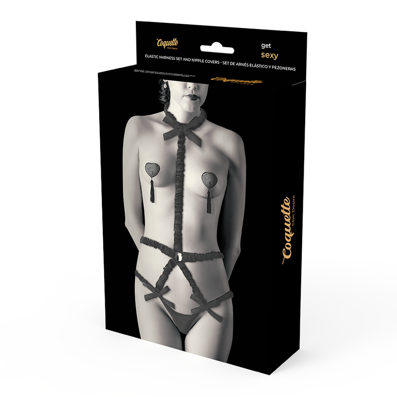 COQUETTE CHIC DESIRE - CONJUNTO DE ARNÊS ELÁSTICO E PROTETORES DE MAMILO PRETO