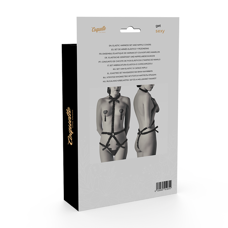 COQUETTE CHIC DESIRE - CONJUNTO DE ARNÊS ELÁSTICO E PROTETORES DE MAMILO PRETO